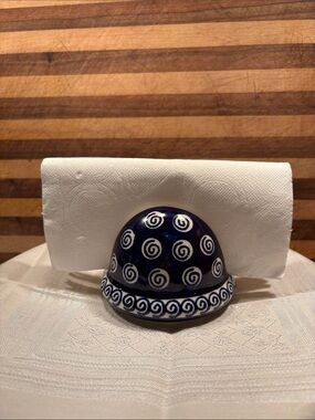 Boleslawiec Blue Ceramic Napkin Holder with White Spiral Motif